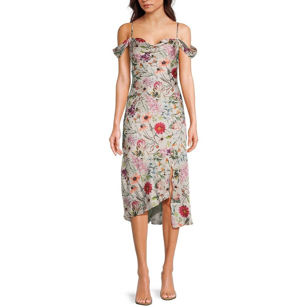 Wildflower Print Off The Shoulder Spaghetti Strap Cowl Neck Midi Slit Dress